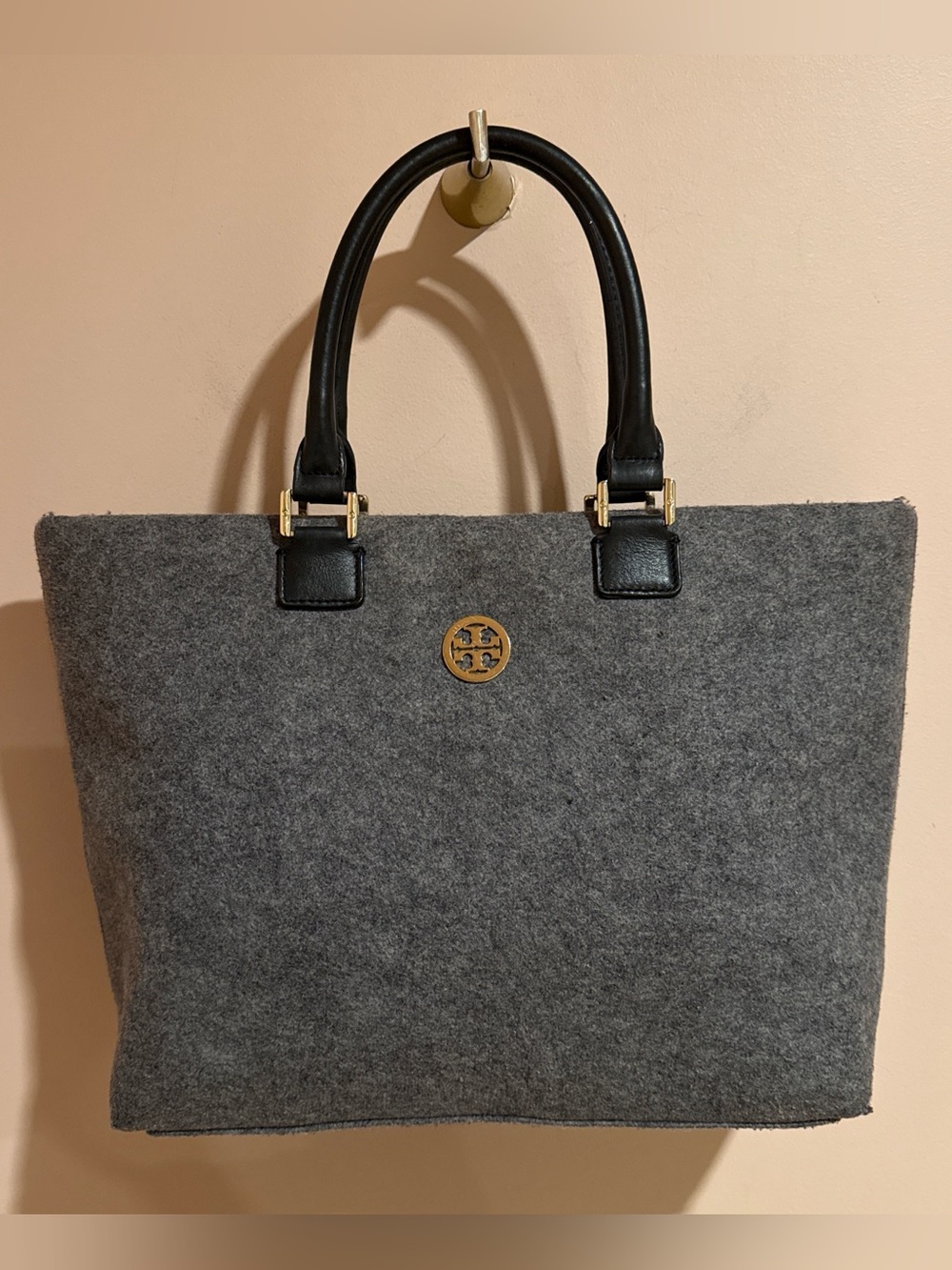 Tory Burch Gray Wool and Black Leather Tote Bag